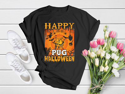 Happy Pug Halloween (Halloween T-Shirt Design) apparel cat death design fire fog ghost graphic halloween horror kid moon no people scarey scary shirt skull spooky t shirt t shirt