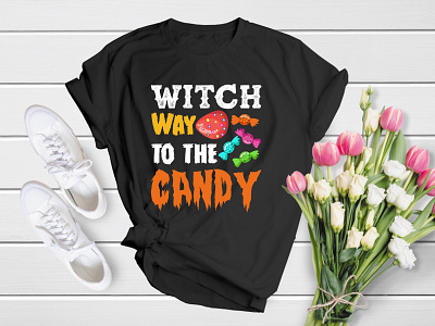 Witch Way to the Candy (Halloween T-Shirt Design) apparel cat death design fire fog ghost graphic halloween horror kid moon no people scarey scary shirt skull spooky t shirt t shirt