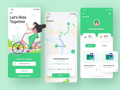 Bike App 🚲 app bicicleta bike bike app bycicle digital girl green illustrations map navigation profile ride route streets trip ui ui design uidesign uxdesign