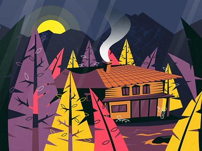 Deep in the forest dark forest house illustration night trees