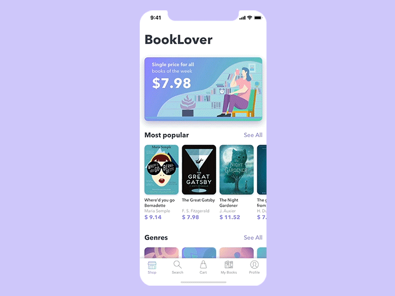 Book Lover shop book book activity bookseller ux design list read ui e commerce ios iphone x mobile app