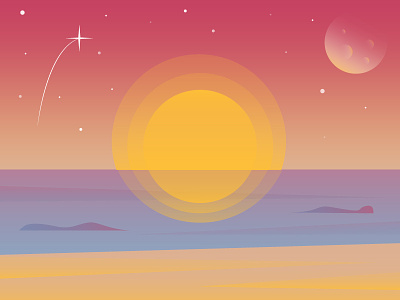 Sunset Beach beach illustration pink purple sand sea stars sunset vector