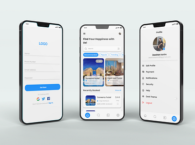 Hotel booking app app design beautiful home page booking app booking app screens design graphic design home home page home screen design hotel booking app profile profile screen sign up ui ui design ui ux