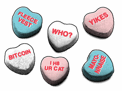 There's romance in my hair analog bitcoin candy hearts cat dont worry about it fleece funny halftone havin a good time havin fun with my friends illustration mayo screen print screen printing silly single valentines valentines day who