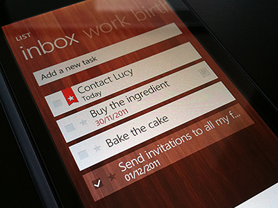 Wunderlist for Windows Phone 7 wunderlist windows phone 7 list task todo app ui pivot inbox mobile wood metro design checkmark productive add ribbon