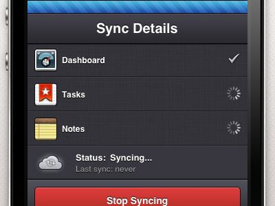 Wunderkit iPhone App - Sync Details 6wunderkinder app bar checkmark cloud down dropdown ios iphone pull sidebar spinner sync workspace wunderkit
