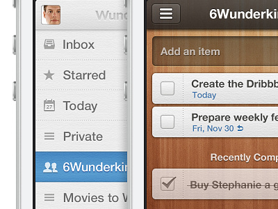 Wunderlist 2 for iPhone ckeckmark interface ios iphone mobile share starred task todo wood wunderlist