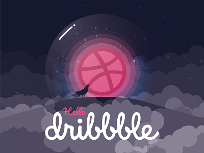 Hello Dribbble! debut design first shot graphic hello hello dribbble hill illustration invitation landscape moon night vector wolf