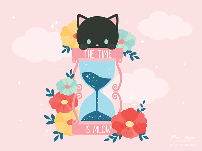 The time is meow black card black cat character design clock cute design illustration motivation simple time vector