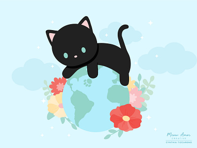 Earth Day animals black cat cat cute design earth earthday earthy floral illustration illustration art kawaii simple vector