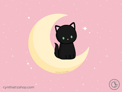 Cat on Moon black cat cat cute illustration kawaii moon pink stars