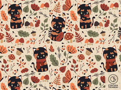 Tortie cat in the fall Pattern autumn cat cute fall fall pattern floral leaves seamless pattern seasonal surface pattern tortie whimisical