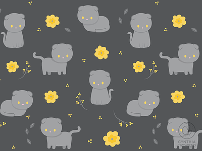 Scottishfold Cat and Yellow flowers Pattern