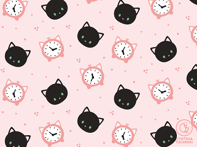 Meow Time Pattern black card black cat clock cute illustration seamless pattern surface pattern surface pattern design time vector illustration