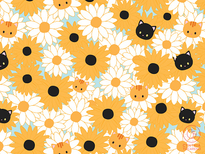 Flower Cat Pattern cat cute daisy floral floral art illustration pattern pattern design simple sunflower surface pattern