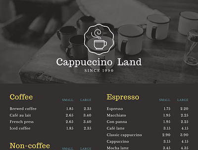 Cappuccino Land Menu Card adobe photoshop design flyers design graphic design illustration menu menu card posters design restaurants ui