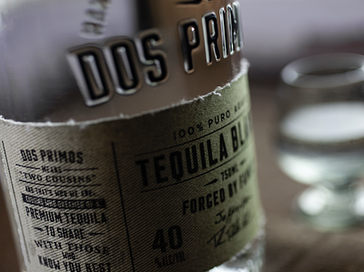 Dos Primos Tequila bottle design fabric label logo packaging screen printing spirits tequila