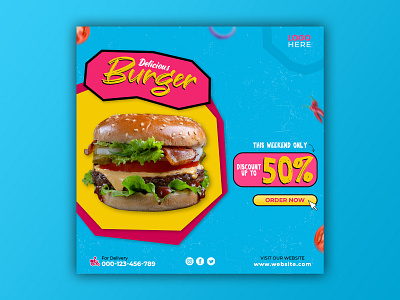 Template Social Media Delicious Burger Design background banner branding burger design facebook fast food feed flyer food freepik graphic instagram menu mobile post poster promotion social media template