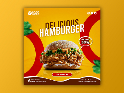 Template Social Media Delicious Hamburger Design banner branding burger design discount facebook fast food feed flyer food menu freepik graphic design hamburger instagram mobile post poster promotion social media template