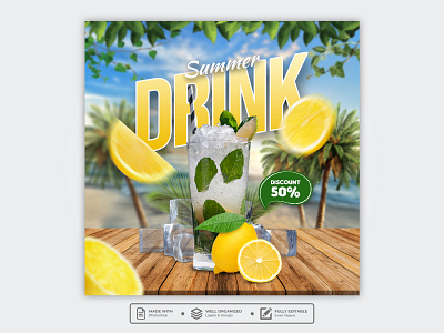 Template Social Media Summer Drink Design banner branding design drink facebook feed flyer food menu freepik graphic design instagram juice mobile post poster product design promotion restaurant social media template