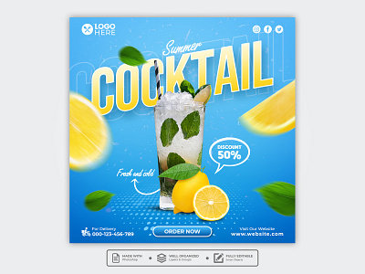 Template Social Media Summer Cocktail Design banner branding design drink facebook feed flyer food menu freepik graphic design instagram juice mobile post poster product design promotion restaurant social media template