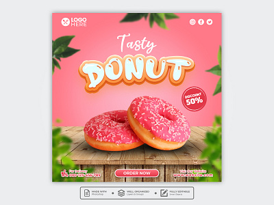 Template Social Media Tasty Donut Design banner branding design dessert donut doughnut facebook feed flyer food menu freepik graphic design instagram mobile post poster promotion restaurant social media template