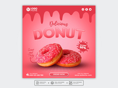 Template Social Media Delicious Donut Design banner branding design dessert donut doughnut facebook feed flyer food menu freepik graphic design instagram mobile post poster promotion restaurant social media template