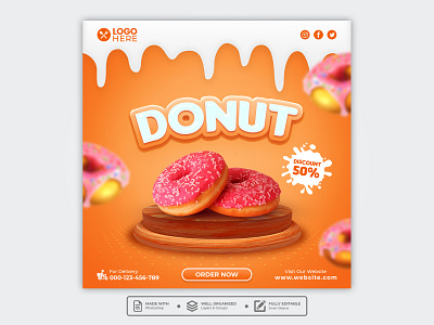 Template Social Media Donut Design banner branding design dessert donut doughnut facebook feed flyer food menu freepik graphic design instagram mobile post poster promotion restaurant social media template