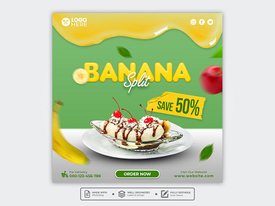 Template Social Media Banana Split Design banana banner branding design dessert facebook feed flyer food menu freepik fruit graphic design instagram mobile post poster promotion restaurant social media template