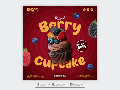 Template Social Media Mixed Berry Cupcake Design banner branding cake design dessert facebook feed flyer food menu freepik graphic design instagram mobile post poster promotion restaurant social media sweet template