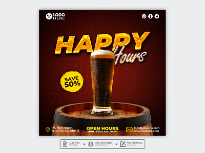 Template Social Media Happy Hours Design banner beverage branding cocktail design drink facebook feed flyer freepik graphic design happy hours instagram mobile oktoberfest post poster promotion social media template