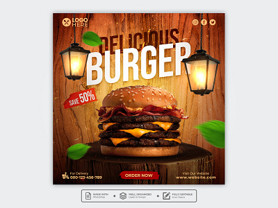 Template Social Media Delicious Burger Design banner branding burger cafe design facebook fast food feed flyer food menu freepik graphic design instagram mobile post poster promotion restaurant social media template