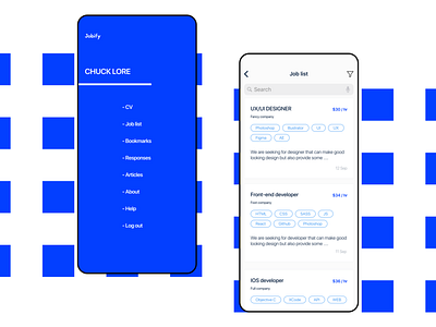Job list app blue design dribbble ios job list menu ui ux white