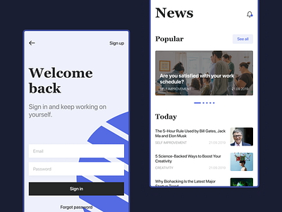 Sign in and home page app design dribbble log in mobile news sign in ui violet
