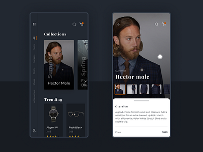 Suit shop app card dark design shop suit ui