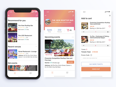 App Streamy (Home, Detail Venue, Add ticket to cart) app booking event app ticket booking detail venue detail venue home scrolled livestream ticket booking ui ux venue