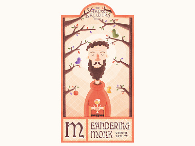 Meandering Monk Illustrated Cider Label beer birds branding brew cider illustration label medieval monk sun texture tree