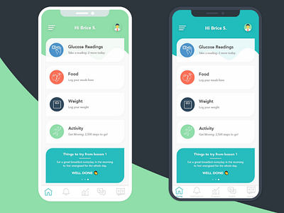 Health and fitness app home screen dashboard design mockup