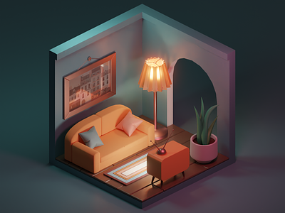 Living room 3d blender illustration isometric retro tiny scene