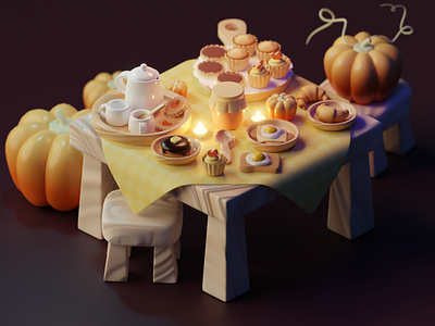 Five o'clock - cute tiny blender scene 3d blender cupcake cute food illustration isometric pumpkin table texture tiny scene
