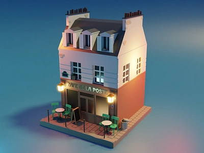 Low poly Paris (1) - Café de la Poste 3d blender building cafe catwalk city coffee france illustration low poly lowpoly lowpolyart paris retro roof street tiny scene