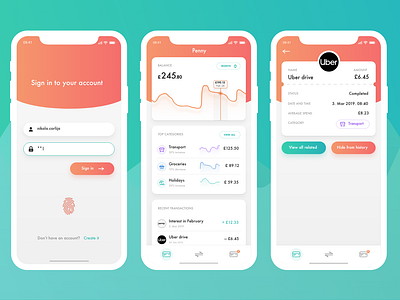 Penny, financial app account app banking expenses finance financial fintech ios iphone manager money payment saving spend tracking transaction ui wallet