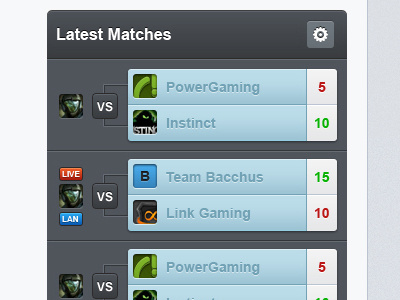 Latest Matches badges blue fun gaming lan legal live matches ui