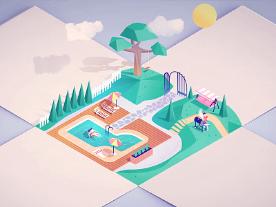 Garden BOX bbq family garden isometric design lowpoly swimmer swimmingpool