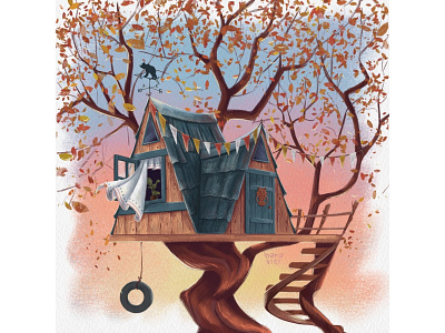 Tree house with spiral staircase children illustration didgital illustration house illustration stylization