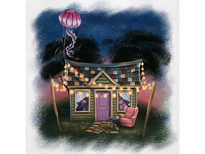 house with a jellyfish on the roof children illustration didgital illustration house magic house procreat