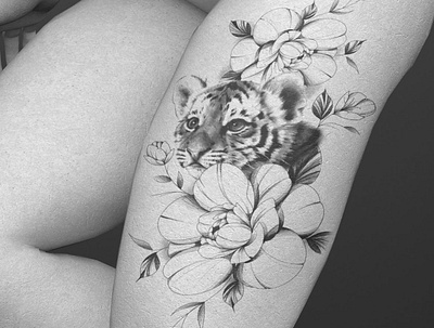 Floral and baby tiger tattoo design design floral graphic design illustration tattoldesign tattoo tattoodesign