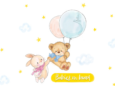 Babies on board babies baby baby shower balloon bear bunny car nursing ribbon sky stars sticker watercolor
