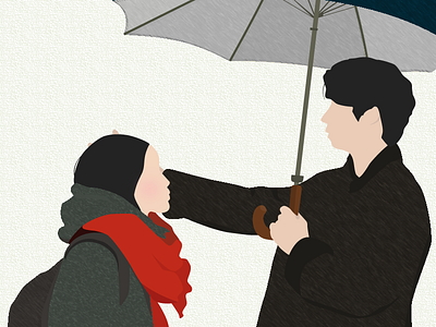 In the rain couple goblin illust illustrator rain red scarf umbrella