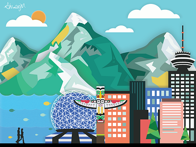 Vancouver City art building color downtown illust mountain science world vancouver vector water